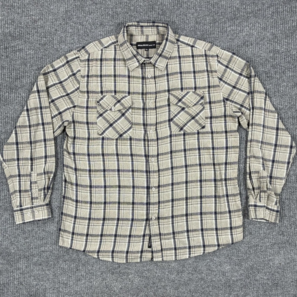 Molokai Surf Co. Shirt Mens 2XL Beige Plaid Flannel Long Sleeve Button Up Casual